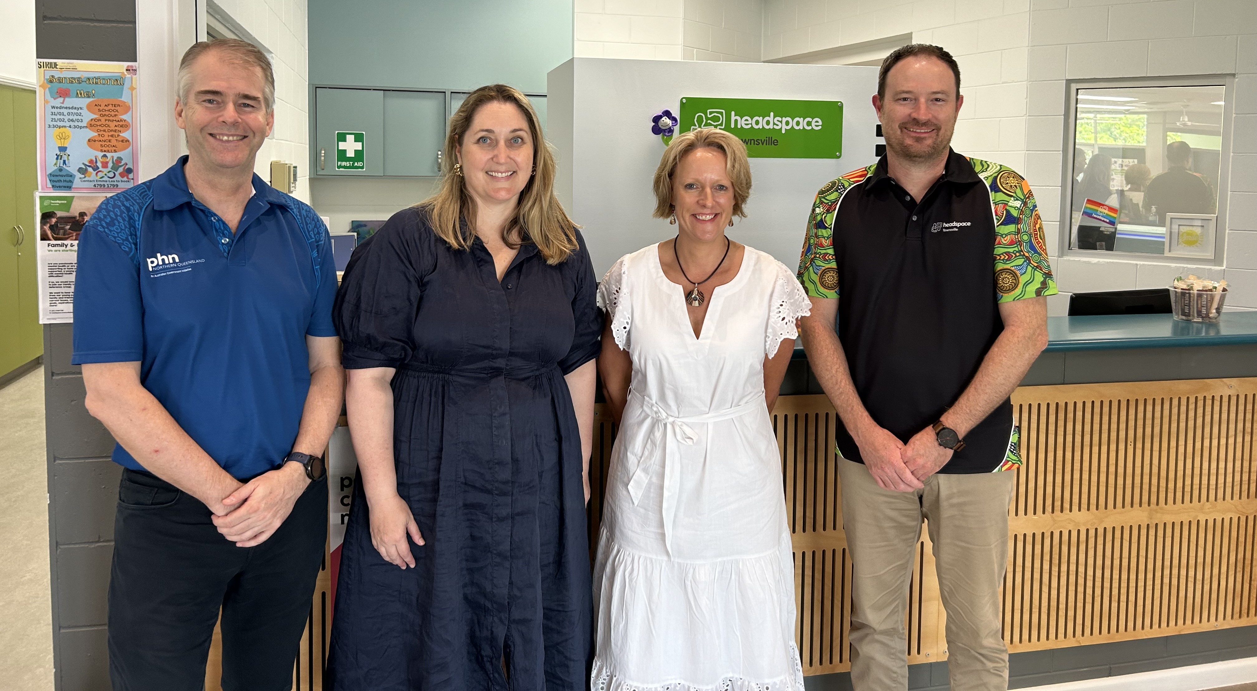 NQPHN CEO Sean Rooney, Assistant Minister for Mental Health and Suicide Prevention and Assistant Minister for Rural and Regional Health, the Hon Emma McBride MP, NQPHN Executive Director Health Services Commissioning Ruth Azzopardi, and headspace Townsville Centre Manager Steven Brooke