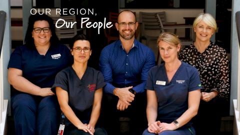 From left, Townsville Hospital and Health Service (HHS) nurse practitioner candidate Bethany Roche, Townsville University Hospital Frailty Intervention Team (FIT) team clinical lead Dr Jane Dutson, local community GP (with an interest in aged care) Dr Chris Stelmaschuk, Townsville HHS nurse practitioner candidate Helen Hatchard and Townsville HHS general practice liaison officer Dr Toni Weller.