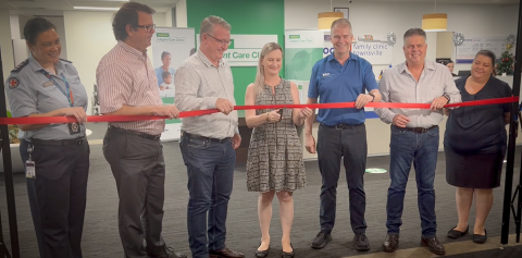 Queensland Ambulance Service representative Paula Marten, Townsville Hospital and Health Service Chief Executive Kieran Keyes, Les Walker MP, Eastbrooke Family Clinic Operations Project Lead Kristie Wyeth, Northern Queensland Primary Health Network (NQPHN) CEO Sean Rooney, Aaron Harper MP, and Eastbrooke Family Clinic representative Megan Turner, attend the Townsville Medicare Urgent Care Clinic opening today at Eastbrooke Family Clinic.