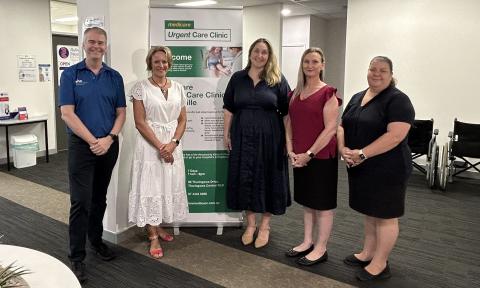 NQPHN CEO Sean Rooney and Executive Director Health Services Commissioning Ruth Azzopardi, pictured with the Hon Emma McBride MP, Assistant Minister for Mental Health and Suicide Prevention and Assistant Minister for Rural and Regional Health, and Townsville Medicare UCC lead project manager Kristie Wyeth and practice manager Megan Turner.