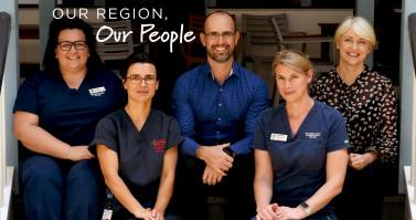 From left, Townsville Hospital and Health Service (HHS) nurse practitioner candidate Bethany Roche, Townsville University Hospital Frailty Intervention Team (FIT) team clinical lead Dr Jane Dutson, local community GP (with an interest in aged care) Dr Chris Stelmaschuk, Townsville HHS nurse practitioner candidate Helen Hatchard and Townsville HHS general practice liaison officer Dr Toni Weller.