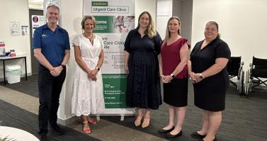 NQPHN CEO Sean Rooney and Executive Director Health Services Commissioning Ruth Azzopardi, pictured with the Hon Emma McBride MP, Assistant Minister for Mental Health and Suicide Prevention and Assistant Minister for Rural and Regional Health, and Townsville Medicare UCC lead project manager Kristie Wyeth and practice manager Megan Turner.